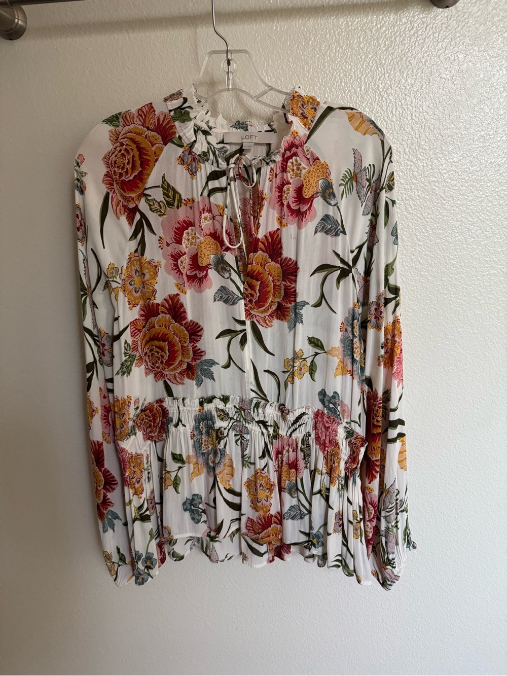 LOFT White Floral Tie-Neck Peasant Blouse with Pink & Yellow Blooms